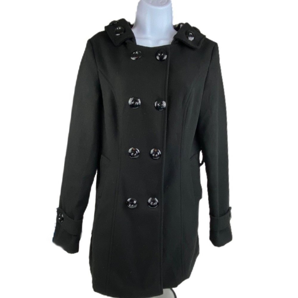 Black Wool Blend Double Breasted Pea Coat with Hood size Small